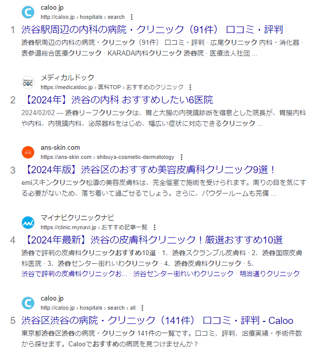 Googleで「渋谷　クリニック　おすすめ」で検索した時の検索結果